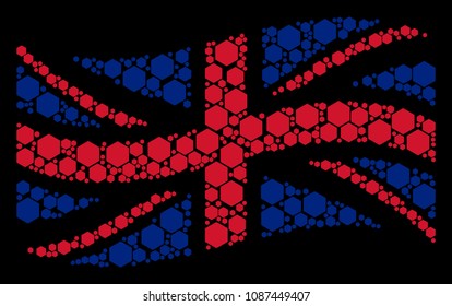 Waving British state flag collage constructed of filled hexagon pictograms. Vector filled hexagon icons are composed into geometric British flag composition.