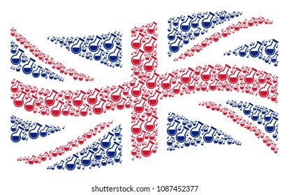 Waving British state flag concept constructed of chemistry tube icons. Vector chemistry tube icons are united into mosaic British flag abstraction.
