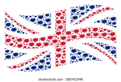 Waving British state flag mosaic done of boom bang design elements. Vector boom bang items are organized into mosaic United Kingdom flag collage.