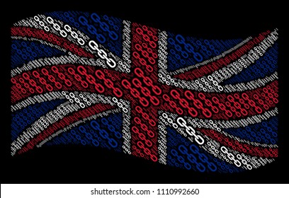 Waving British state flag on a black background. Vector chain icons are organized into mosaic Great Britain flag composition. Patriotic concept constructed of chain design elements.