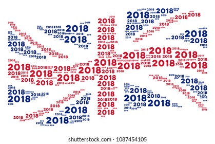 Waving British state flag pattern organized of 2018 year text pictograms. Vector 2018 year text design elements are composed into geometric UK flag illustration.
