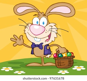 Waving Brown Bunny With Easter Eggs And Basket.Jpeg version also available in gallery.