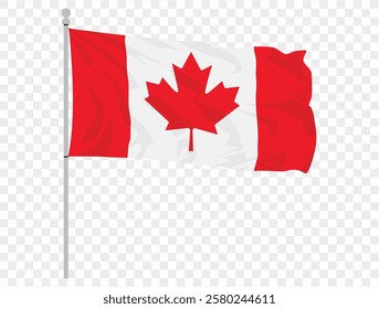 Waving Canada flag isolated on  transparent PNG background. Perfect for designs, presentations, or digital projects. High-quality image showcasing the iconic maple leaf flag in a dynamic.