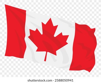 Waving Canada flag isolated on  transparent PNG background. Perfect for designs, presentations, or digital projects. High-quality image showcasing the iconic maple leaf flag in a dynamic.