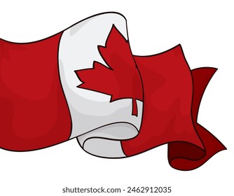 Waving Canadian flag with close-up of maple leaf. Cartoon style design.