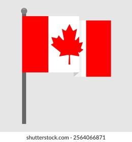 Waving Canadian flag on a gray flagpole. Vector decorative element