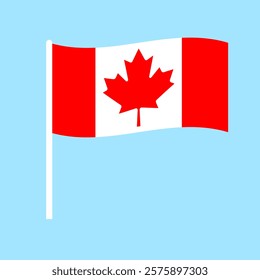 Waving Canadian flag on a white flagpole. Flat style vector illustration