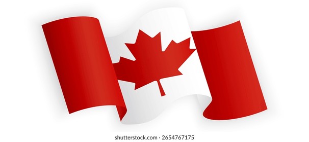 Waving Canadian National Flag with Red Maple Leaf on White and Red Background. Canada Day Celebration. Patriotic Design for Banner, Postcard, Poster