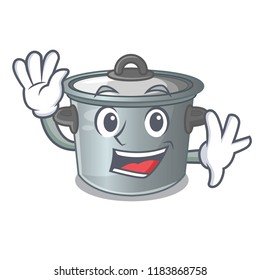 Waving cartoon cookware stock pot in kitchen