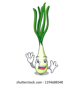 Waving cartoon fresh green onions on cutting board