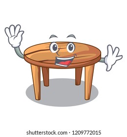 Waving cartoon round wooden table in cafe