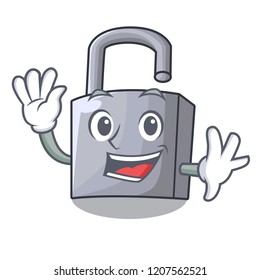 Waving cartoon unlocked padlock on the table