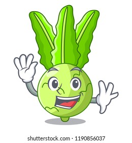 Waving character kohlrabi on a wooden table