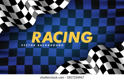 Waving checkered flag along the edges on a black and blue background. Modern illustration. Racing flag. Banner for a sports club or racing competition. svg