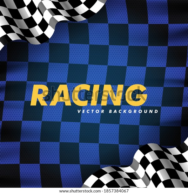 Waving checkered flag along the edges\
on a black and blue background. Modern illustration. Racing flag.\
Banner for a sports club or racing\
competition.