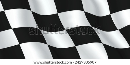 Waving checkered flag with black and white squares pattern, vector background.