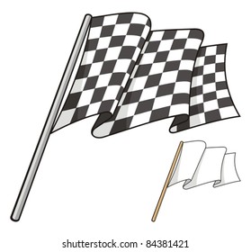 Waving checkered flag isolated on white background, also a white peace flag.