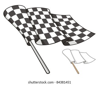 Waving checkered flag isolated on white background, also a white peace flag.