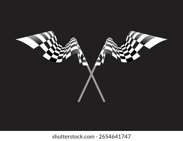 Waving checkered flags on the black background. Finish flags for racing events. Vector illustration.