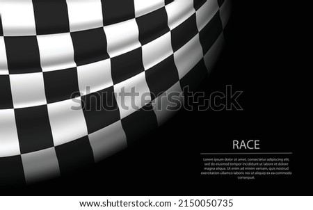Waving checkered race flag on dark background. Banner or ribbon vector template 