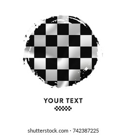 Waving checkered racing flag, brush stroke background. Vector illustration.