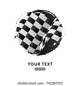 Waving checkered racing flag, brush stroke background. Racing flag. Vector illustration.