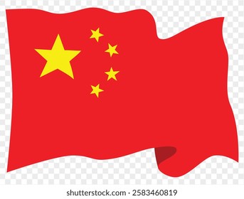 Waving China flag isolated on transparent PNG background. Perfect for designs, high-quality  vector image.