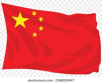 Waving China flag isolated on transparent PNG background. Perfect for designs, high-quality  vector image.