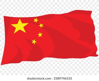 Waving China flag isolated on transparent PNG background. Perfect for designs, high-quality  vector image.