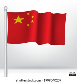 ondeando la bandera de China en un poste metálico aislado sobre fondo blanco. Bandera nacional de la República Popular China ondea. Señal de ilustración del vector.