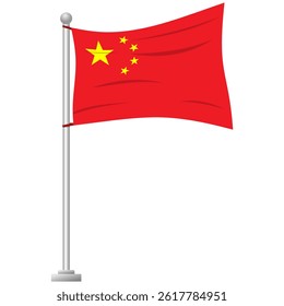 Waving China National Flag Vector on Flagpole with Five Golden Stars, Symbol of Unity and Power, Editable Design for National Day, Government, and Education