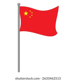 Waving China National Flag Vector on Flagpole with Five Golden Stars, Symbol of Unity and Power, Editable Design for National Day, Government, and Education. isolated on white background