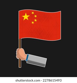Waving Chinese flag in hand. Sticker, emblem on a black background. Vector illustration