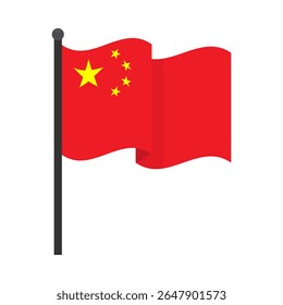 Waving Chinese flag on flagpole. Vector illustration of the flag of China mounted on a vertical flagpole with a rounded finial