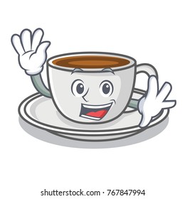 Waving coffee character cartoon style