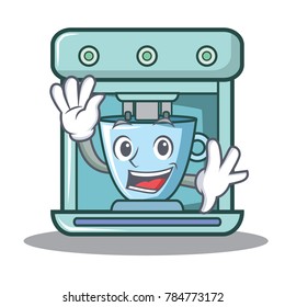 Waving coffee maker character cartoon