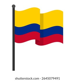 Bandeira colombiana acenando no mastro. Ilustração vetorial da bandeira da Colômbia montada num mastro vertical com um final arredondado