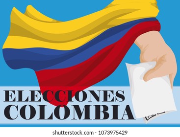Waving Colombian flag over hand with electoral card voting to promote Elections in Colombia (written in Spanish).