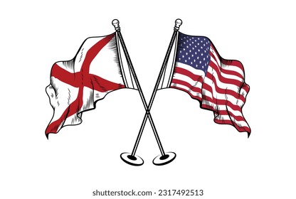 Waving crossed flag of Alabama and usa - state of United States on flagpole. 