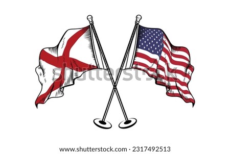 Waving crossed flag of Alabama and usa - state of United States on flagpole. 