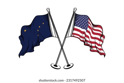 Waving crossed flag of Alaska and usa - state of United States on flagpole. 