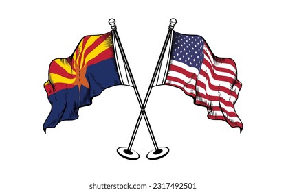 Waving crossed flag of Arizona and usa - state of United States on flagpole. 