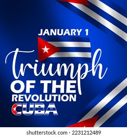 Waving Cuba flags with ribbons and bold text on dark blue background to commemorate Triumph of the Revolution on January 1 in Cuba