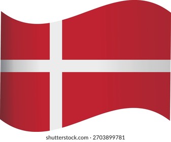 Una bandera danesa ondeando, con un fondo rojo vibrante con una prominente cruz escandinava blanca que se extiende hasta los bordes. Simboliza la identidad nacional.