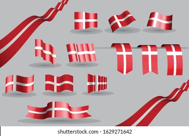 Waving Denmark banners and 3 bookmarks in the colors of the flag - red, white, many 9 flags - vector illustration for memorial, labor day or any national celebration