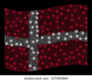Waving Denmark Flag mesh illustration with glare effect. Vector flying official Denmark Flag designed with polygonal network, illuminated nodes, points.