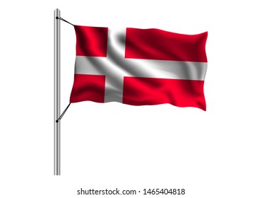 Waving Denmark flag on flagpole on isolated background, flag of Denmark, vector illustration