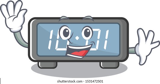 Waving digital clock clings to cartoon wall