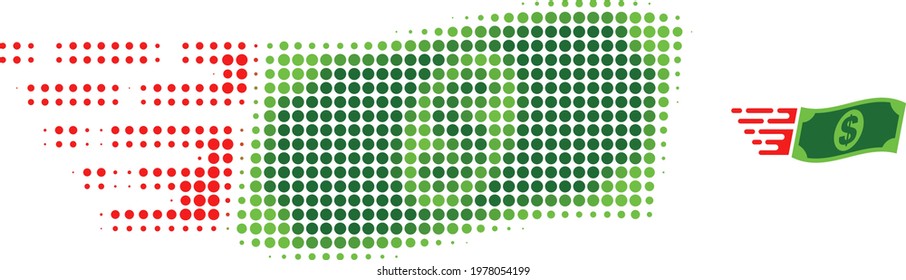 Waving dollar banknote halftone dot icon illustration. Halftone pattern contains round points. Vector illustration of waving dollar banknote icon on a white background.