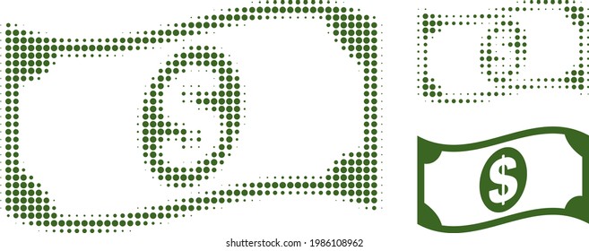 Waving dollar banknote halftone dotted icon. Halftone array contains circle points. Vector illustration of waving dollar banknote icon on a white background.